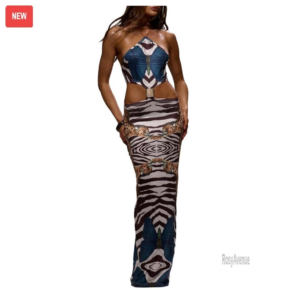 Women's Maxi Dress Backless Halter Cut Out Bodycon Summer Beach